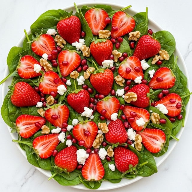 A white plate filled with fresh green spinach leaves as the bottom layer, topped with large red strawberry halves and whole strawberries spread evenly across. Bright red pomegranate seeds are scattered on top, adding small pops of color, and light brown walnut pieces are spread throughout the dish. Crumbled white cheese is sprinkled over the salad, creating a contrast with the green and red colors. The surface underneath is a white marbled texture. photo taken with an iphone --ar 4:5 --v 7