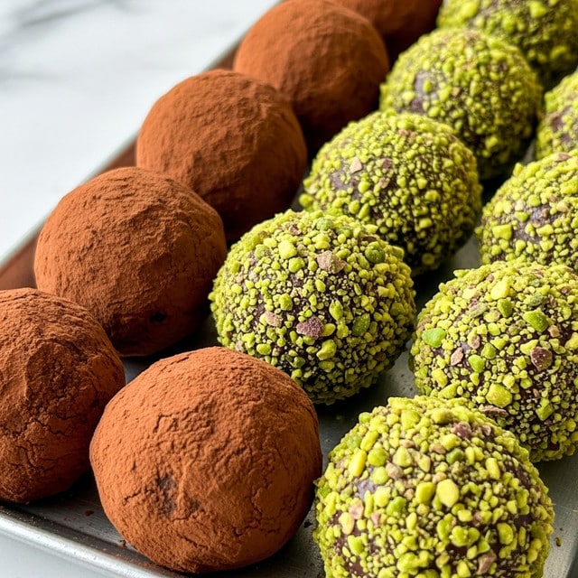 The image shows small round chocolate truffles placed closely together on a silver tray with a white marbled texture background. There are two types of truffles: one type is covered in a rough, dark brown cocoa powder, giving it a dry and dusty look, while the other type is coated in small green pistachio nut pieces, tightly packed and textured, showing bits of dark chocolate underneath. The truffles are arranged in alternating rows, creating visual contrast between the smooth cocoa powder layer and the crunchy nut-covered layer. photo taken with an iphone --ar 4:5 --v 7