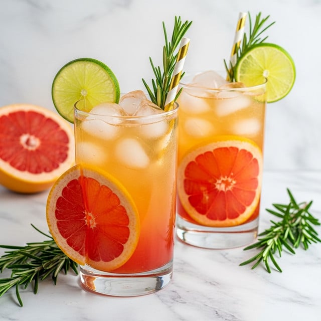 There are two tall clear glasses filled with a light orange-pink drink and ice cubes. Each glass has a large slice of bright pink grapefruit resting against the inside bottom, showing its textured segments. A thin slice of lime with green skin and pale green flesh is placed on the rim of each glass, along with a small bunch of fresh rosemary sticks. Each drink has a gold and white striped straw standing straight up. The glasses rest on a white marble surface, with some rosemary sprigs and a pink cloth nearby. In the background, a white marble wall is visible, and there is a halved grapefruit with pink flesh on the right side. Photo taken with an iphone --ar 4:5 --v 7