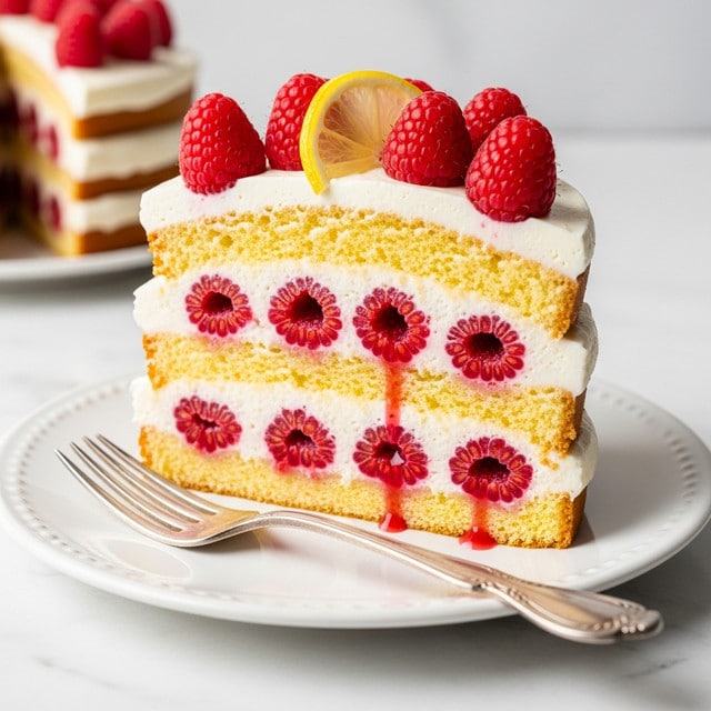 A slice of two-layer yellow sponge cake filled with white cream and whole red raspberries, with the raspberries visible between the layers and some juice slightly dripping down, topped with a smooth layer of white cream, fresh whole raspberries arranged on top, and a thin lemon slice placed near the center. The slice sits on a white plate with a vintage silver fork beside it, on a white marbled surface. photo taken with an iphone --ar 4:5 --v 7