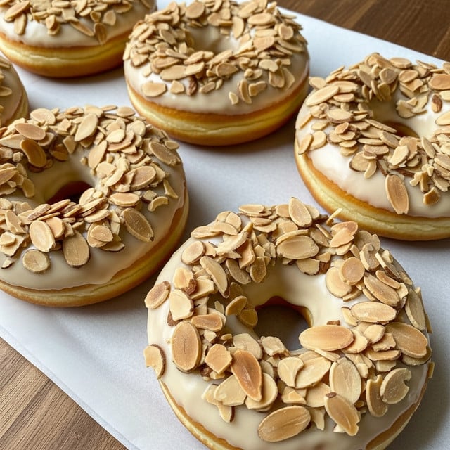The image shows five round doughnuts placed on a piece of white parchment paper over a wooden surface. Each doughnut has one layer of smooth, light beige icing that covers the whole top, followed by a thick layer of thin, sliced almond pieces scattered all over the icing, giving a textured look with light brown and tan shades. The doughnuts have soft, golden-brown edges and a hole in the middle of each one, showing the soft interior. Photo taken with an iphone --ar 4:5 --v 7