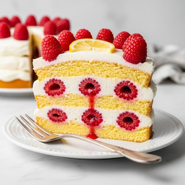A slice of two-layer cake on a white plate with a silver fork beside it, showing golden yellow sponge cake layers filled and topped with white cream and bright red raspberries inside the filling. The top layer of cream is smooth and white, decorated with fresh red raspberries arranged around a wedge of yellow lemon placed on top. The cake looks moist with some raspberry juice slightly dripping from inside onto the plate, all set against a white marbled surface. Photo taken with an iphone --ar 4:5 --v 7