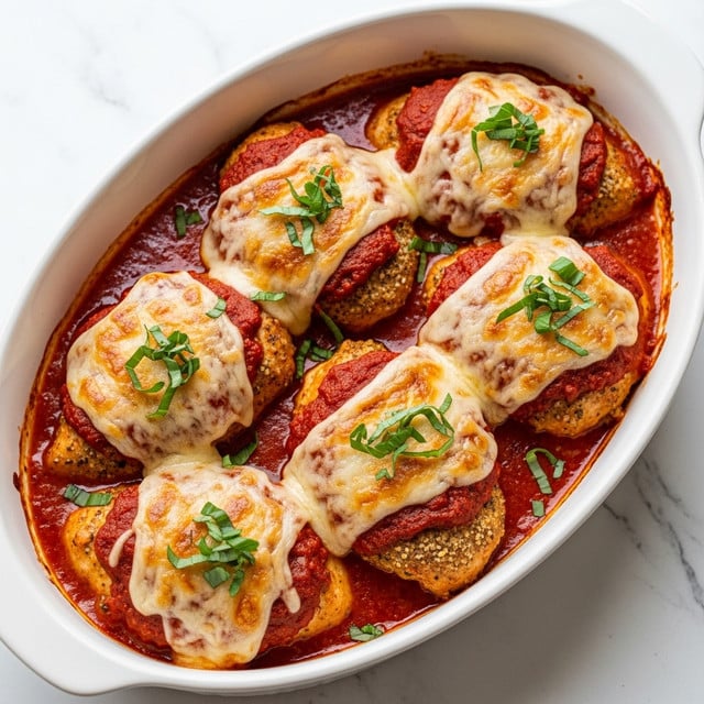 The image shows five chicken breasts in a white oval dish, each covered with a thick layer of melted golden and white cheese, with slightly browned spots on top. Beneath the cheese, a rich red tomato sauce spreads evenly, filling the spaces between the meats. Each chicken piece has a crumbly textured coating visible beneath the cheese, and fresh green basil leaves are sprinkled on top, adding a fresh touch. The white oval dish sits on a white marbled surface, enhancing the warm, inviting colors of the baked chicken. photo taken with an iphone --ar 4:5 --v 7