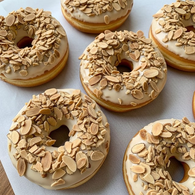 The image shows five donuts placed on crumpled parchment paper over a wooden surface, which should be imagined as white marbled texture. Each donut has a light golden base layer with a smooth white glaze on top. The glaze is generously covered with many unevenly shaped light and dark brown almond slices, giving a crunchy texture. The donuts are arranged close to each other, with clear visible textures of the almonds and the soft dough beneath. Photo taken with an iphone --ar 4:5 --v 7