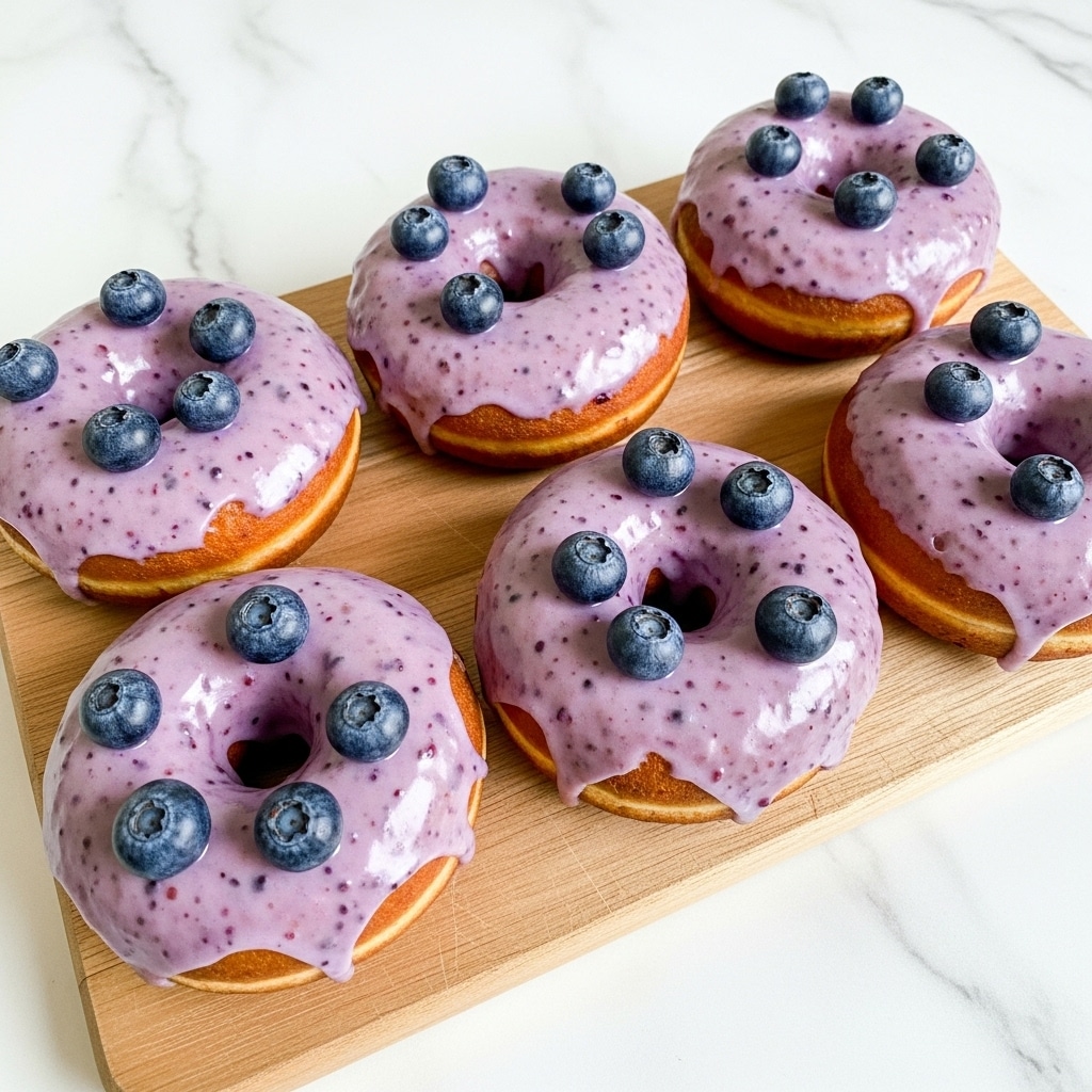 Six round donuts are placed on a light wooden board, arranged in two rows of three. Each donut is topped with a thick, glossy light purple glaze that has small darker purple specks. On the glaze, there are several whole blueberries scattered on each donut. The donuts have a golden brown color underneath the glaze, and the board sits on a white marbled surface. photo taken with an iphone --ar 4:5 --v 7