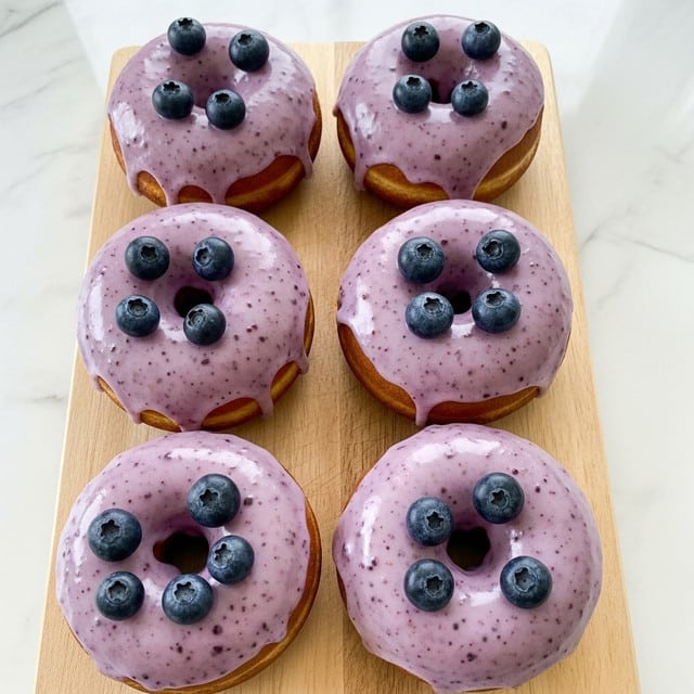 Six round donuts with a soft golden-brown base sit closely on a wooden board. Each donut has a smooth, thick layer of light purple icing speckled with darker purple bits, evenly covering the top. Small fresh blueberries, some dusted lightly with sugar, are placed on the icing, adding a shiny dark blue contrast. The wooden board rests on a white marbled surface, giving a clean and simple background. photo taken with an iphone --ar 4:5 --v 7