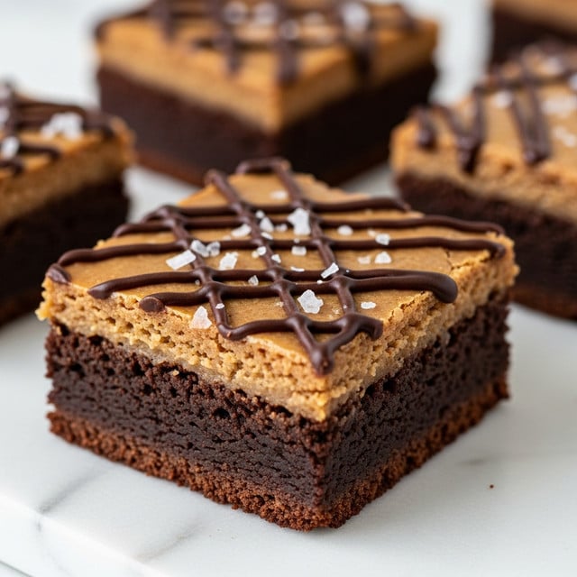 The image shows four square brownies with two visible layers on a white marbled surface. The bottom layer is thick, dark brown, and moist with a dense texture. The top layer is a lighter brown, gooey caramel that slightly drips down the sides. On the surface of each brownie, there are thin dark chocolate drizzle lines and small white flaky salt sprinkled unevenly. The brownies are arranged closely, with one brownie in the front focused sharply and the others blurred in the background. photo taken with an iphone --ar 4:5 --v 7