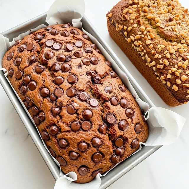 A freshly baked loaf of chocolate chip bread sits inside a parchment-lined metallic bread pan. The bread has a golden brown crust with a rough texture, showing many dark brown chocolate chips spread throughout the top. The surface is slightly cracked, revealing a softer crumb inside. The loaf is positioned on the edge of a wooden counter with part of another loaf visible beside it. The background has a white marbled texture near a window with soft natural light shining in. Photo taken with an iphone --ar 4:5 --v 7