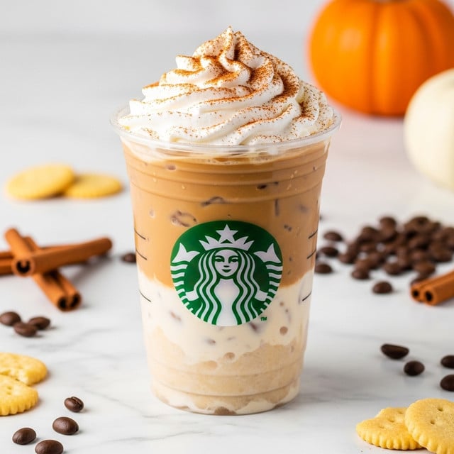 A clear cup with the Starbucks logo holds a three-layer drink on a white marbled surface. The bottom layer is crushed ice mixed with a creamy light tan liquid that looks smooth. The middle layer is a richer, slightly darker tan liquid, blending softly into the bottom. The top layer is whipped cream dusted with a fine sprinkle of cinnamon or nutmeg powder, giving a light reddish-brown color and a soft texture. Around the cup, there are cinnamon sticks, coffee beans, and some light yellow crackers scattered, with a small orange pumpkin blurred in the background. Photo taken with an iphone --ar 4:5 --v 7