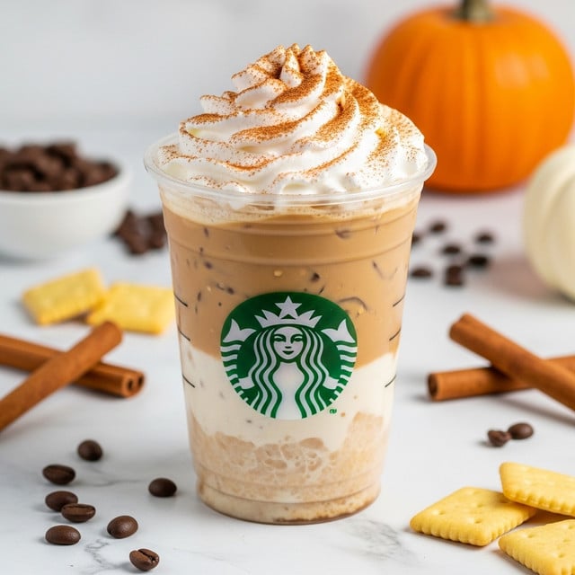 The image shows a clear Starbucks cup filled with a creamy brown iced drink topped with fluffy white foam sprinkled with a layer of fine brown cinnamon powder. The drink has two visible layers: a lighter beige creamy bottom layer with ice and a smooth medium brown coffee layer above it, with the foam sitting at the top inside the cup. The cup sits on a white marbled surface, with coffee beans scattered nearby and two cinnamon sticks to the left. A small orange pumpkin and star-shaped yellow cookies are in the blurred background, adding a cozy autumn feel. Photo taken with an iphone --ar 4:5 --v 7