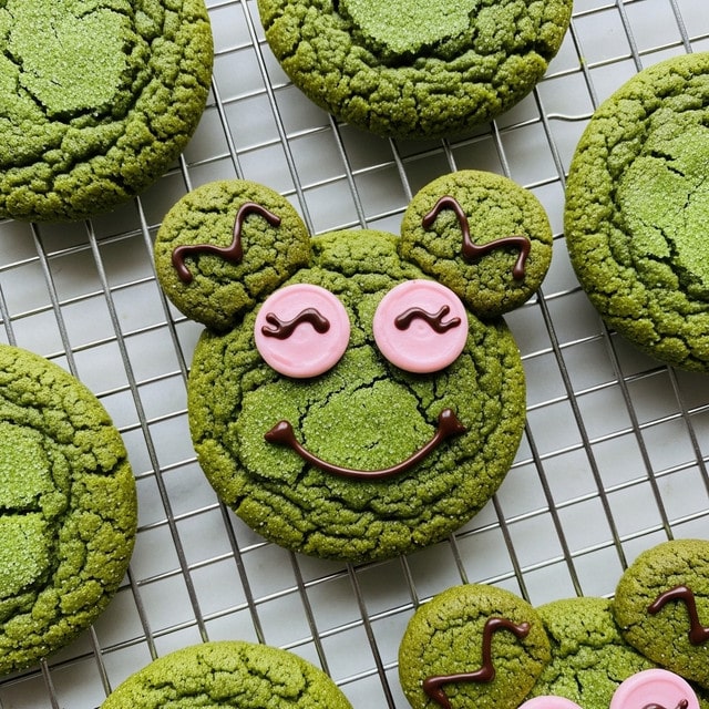 The image shows several round green cookies with a cracked surface texture, sitting on a silver wire cooling rack over a white marbled texture. One cookie in the center is decorated to look like a cute face with two round ear-shaped parts on the sides. The face has pink frosting dots for cheeks, chocolate frosting lines forming closed eyes and a smiling mouth, all centered on the green textured cookie base. The cookies have a crumbly and slightly rough surface with a matte finish. Photo taken with an iphone --ar 4:5 --v 7