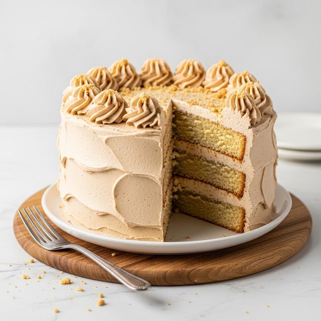 A three-layer cake with light brown frosting covers the entire cake smoothly with some textured swirls on the sides. Each cake layer is golden brown and separated by a thick layer of creamy, light brown frosting. The top of the cake is decorated with swirls of the same light brown frosting and sprinkled with crumbly bits. A slice is removed, showing the inside layers clearly. The cake sits on a white plate, which is placed on a round wooden board. A silver fork lies next to the cake on the plate, and all this is set on a white marbled surface. Photo taken with an iphone --ar 4:5 --v 7