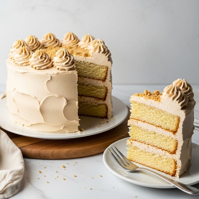 A tall three-layer cake sits on a white plate with a silver fork beside it, placed on a wooden base. Each cake layer is golden brown with a slightly crumbly texture, separated by thick, smooth beige frosting that matches the light brown frosting covering the whole cake. The top is decorated with swirled frosting dollops and sprinkled crumbs of the same golden cake, giving it a textured look. Small crumbs are scattered on the plate around the cake's cut side, revealing the even layers inside. The background has a soft focus with a white marbled texture surface. Photo taken with an iphone --ar 4:5 --v 7