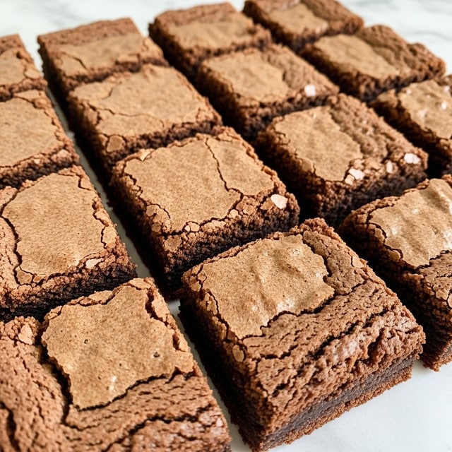 The image shows a close-up of several square brownies cut into even pieces, arranged side by side on a white marbled surface. Each brownie has a cracked, slightly shiny, light brown crust on top with visible fine cracks creating a textured pattern. Underneath the crust, the brownies reveal a darker, dense, and moist layer, indicating a rich chocolate inside. The squares are thick, with clear edges, and the cuts between them show the fudgy inside clearly. The overall look is neat and inviting. photo taken with an iphone --ar 4:5 --v 7