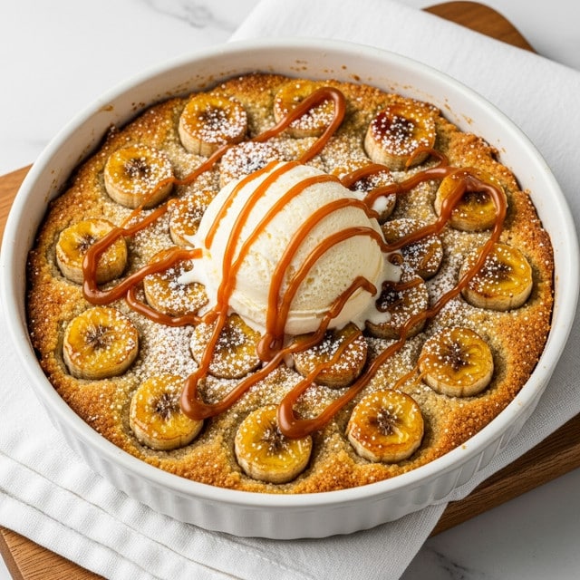 A white round ceramic dish filled with a warm golden-brown banana pudding topped with thick slices of caramelized bananas arranged in a single layer. Above the bananas, a scoop of creamy white vanilla ice cream sits in the center, dripping with golden caramel sauce. The dessert is sprinkled lightly with powdered sugar, making the caramel and bananas shine. The dish rests on a white napkin placed over a wooden board on a white marbled surface, with a silver spoon next to it. Photo taken with an iphone --ar 4:5 --v 7