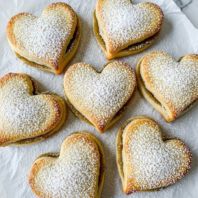 Several heart-shaped and round cookies with a golden-baked edge and a light, soft center are placed closely on a piece of white parchment paper. The cookies are dusted thickly with fine white powdered sugar, which also spreads over the surrounding light wooden surface. The cookies have a slightly puffy texture, showing their baked layers and soft dough inside. The setting is on a white marbled texture with soft natural light highlighting the delicate powdered sugar and warm cookie tones. photo taken with an iphone --ar 4:5 --v 7