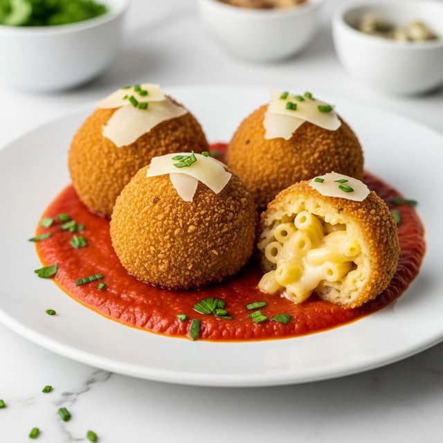 Three round, golden-brown fried balls sit on a pool of bright red tomato sauce on a white plate. One ball is cut open, revealing creamy, pale yellow macaroni and cheese inside. Each ball is topped with thin white cheese shavings and sprinkled green herbs. The plate rests on a white marbled surface, with small green herb pieces scattered on the sauce around the balls. Two blurred white bowls, one filled with green garnish and the other with small white items, appear in the background. Photo taken with an iphone --ar 4:5 --v 7