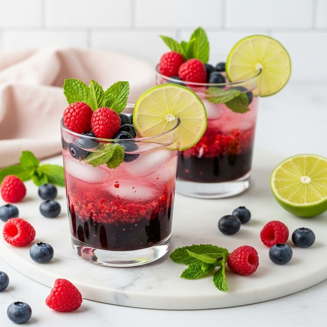 Two clear glasses hold a layered drink sitting on a white marbled surface. The bottom layer is dark purple-black berries settled at the base, followed by a middle layer of pinkish-red crushed berries mixed with ice cubes. Floating near the top is a mix of bright red raspberries and fresh green mint leaves, adding freshness and texture. Each glass has a thin, round lime slice resting on the rim. Around the glasses are loose raspberries, blueberries, mint sprigs, and a halved lime. The background has soft light pink cloth and white tiles. photo taken with an iphone --ar 4:5 --v 7