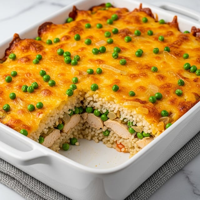 A baked dish in a white rectangular casserole dish with handles is shown with a golden brown cheese layer on top that is bubbly and slightly crispy, scattered with bright green peas. Underneath the top layer, there is a thick mix of white rice, chunks of cooked chicken, more green peas, and cooked onions, all visible where a portion has been scooped out from the front side. The casserole sits on a white marbled surface with a textured gray cloth underneath. The layers from top to bottom include a browned cheese crust dotted with peas, a creamy mix of melted cheese and chicken, and a base of rice with vegetables. Photo taken with an iphone --ar 4:5 --v 7