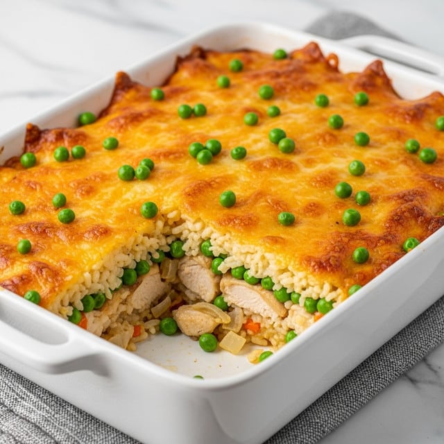 A white square casserole dish holds a baked chicken and rice casserole with three visible layers. The bottom layer consists of cooked rice mixed with green peas and bits of chicken, creating a light beige and green base. The middle layer includes more chicken pieces and cooked peas scattered throughout, adding texture and color. The top layer is a golden-brown melted cheese crust with browned spots and scattered bright green peas on the surface. The dish sits on a folded green and white cloth over a white marbled surface. photo taken with an iphone --ar 4:5 --v 7