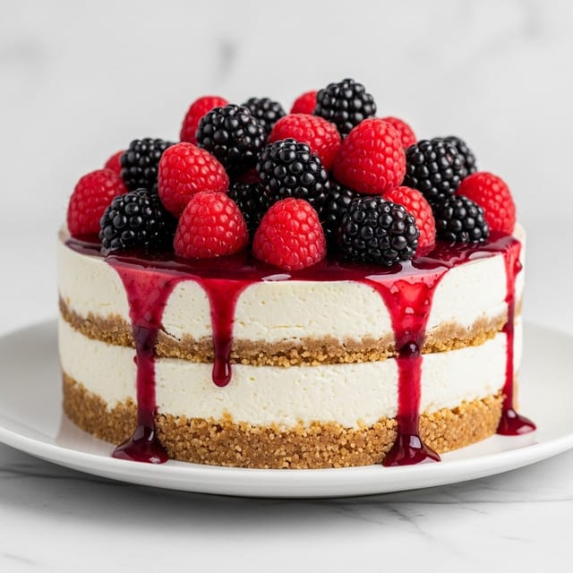 A close-up view of a cheesecake with three clear layers, starting with a thick, crumbly brown crust at the bottom, followed by a smooth, creamy white layer in the middle, and topped with a mix of fresh blackberries and raspberries in dark purple and bright red colors; a glossy dark red berry sauce seeps down the sides of the cheesecake, standing on a white plate against a white marbled textured background. Photo taken with an iphone --ar 4:5 --v 7