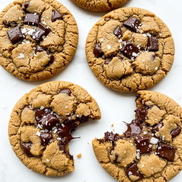 The image shows four round chocolate chip cookies on a white marbled surface. Each cookie has a light brown color with a rough texture and is studded with chunks of melted dark chocolate. One cookie is partly bitten, showing a soft, chewy inside with the gooey chocolate clearly visible. The cookies are sprinkled lightly with flaky sea salt, adding a contrast with their white crystals on top. The background features a slightly worn, light metal tray under the paper, adding a rustic feel to the setting. photo taken with an iphone --ar 4:5 --v 7