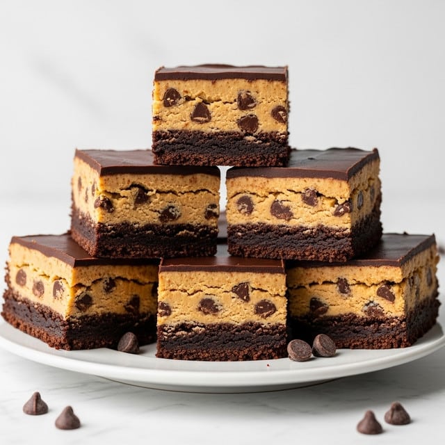 The image shows five thick square dessert bars stacked on a white plate set on a white marbled surface. Each bar has three clear layers: a bottom dark brown, fudgy chocolate brownie layer with a slightly crumbly texture; a middle golden brown peanut butter layer mixed with chocolate chips giving it a rough, chunky look; and a top shiny, smooth dark chocolate layer that looks firm yet glossy. The bars are cut cleanly with clear edges, and there are a few chocolate chips scattered around the plate, adding detail. Photo taken with an iphone --ar 4:5 --v 7