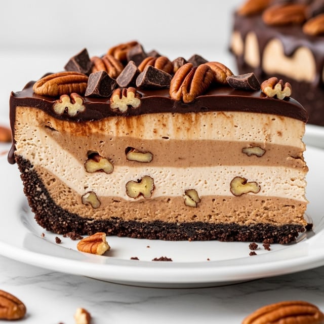A close-up side view of a slice of layered pie on a white plate, placed on a white marbled surface. The pie has three visible layers: a dark crumbly crust at the bottom, a thick light brown creamy middle layer with pieces of nuts inside, and a top layer of dark glossy chocolate with whole pecan nuts and chocolate chunks scattered on it. The chocolate layer drips slightly over the edge, showing a rich texture. Small bits of pecans and chocolate pieces are also scattered around the plate. photo taken with an iphone --ar 4:5 --v 7