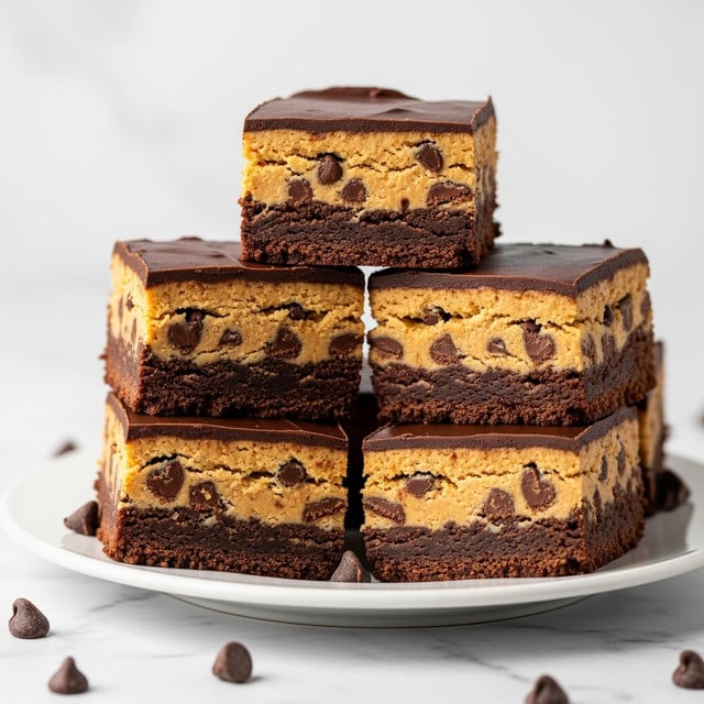 The image shows a stack of seven square dessert bars on a white plate set on a white marbled surface. Each bar has three layers: a thick, dark chocolate bottom layer that looks fudgy and dense, a middle layer of light brown cookie dough with chocolate chips scattered throughout, and a smooth, glossy dark chocolate top layer that appears slightly cracked and shiny. The bars are neatly cut, displaying the clear distinction between the three layers. In the background, more bars are placed on another white plate. The picture is bright and clear, emphasizing the rich colors and textures of the dessert. photo taken with an iphone --ar 4:5 --v 7