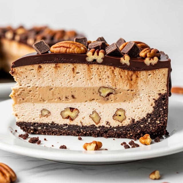 A close-up of a slice of pie on a white plate with a white marbled texture under it, showing four distinct layers: the bottom layer is a dark, crumbly crust, followed by a smooth, light brown caramel layer with pecan pieces inside, then a thick, dark chocolate layer embedded with chopped pecans, topped by a glossy dark chocolate drizzle that cascades down the side of the slice, and finished with whole pecans and small chocolate chunks scattered on top and around the plate. photo taken with an iphone --ar 4:5 --v 7