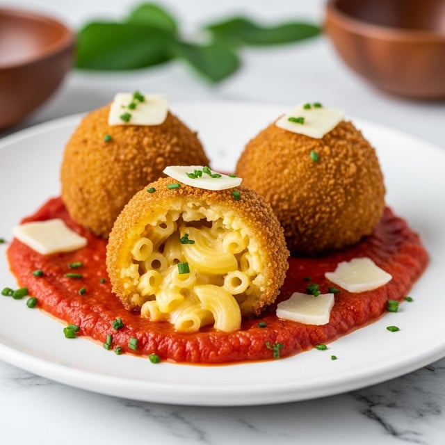 The image shows three round fried balls of macaroni and cheese on a white plate, each with a crispy golden brown crumb coating. The front ball is cut open, revealing creamy, yellow macaroni pasta inside. All three rest on a thick layer of bright red tomato sauce spread over the plate. Each ball is topped with small white cheese shavings and green herb sprinkles, with extra herbs scattered on the sauce. The background has a white marbled texture with blurred brown bowls and green leaves. Photo taken with an iphone --ar 4:5 --v 7