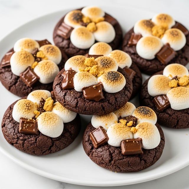 A white plate holds a stack of six round chocolate cookies with a rough texture, each topped with large chunks of melted dark chocolate, small white marshmallows, and golden brown crumbled pieces that look like graham cracker crumbs scattered on top. The cookies are thick and look soft with uneven surfaces showing melty chocolate and toasted marshmallows. The white marbled texture is below the plate, bright and clean. The photo taken with an iphone --ar 4:5 --v 7
