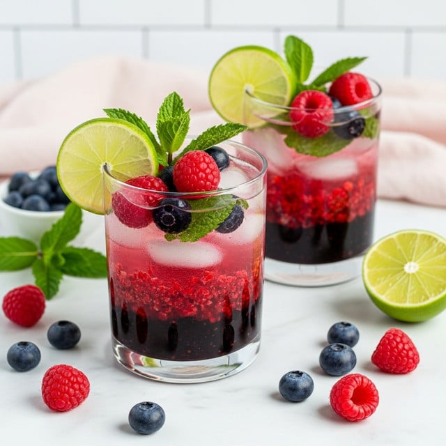 A clear glass filled with a layered red drink sits on a white marbled surface. The bottom layer shows dark purple and black berries clustered together, followed by a middle layer of crushed red raspberries mixed with green mint leaves. The drink is topped with ice cubes and a bright green lime slice resting on the rim. Mint leaves are also placed on top around the lime. In the background, there is a second glass with the same drink and a halved lime sitting beside it. Scattered around the glasses are loose mint leaves, a raspberry, and a few dark berries. A soft pink cloth is draped in the background. photo taken with an iphone --ar 4:5 --v 7