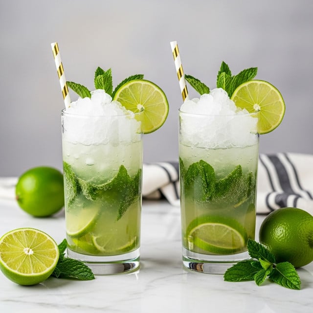 Two tall clear glasses filled with a cool, light green mojito drink placed on a white marbled surface. Each glass has three layers: at the bottom, bright green lime wedges and fresh dark green mint leaves, the middle filled with clear, bubbly liquid, and the top crowned with a thick layer of white crushed ice. Both glasses are garnished with a bright green lime wheel on the rim and a few fresh mint sprigs behind the lime. Each glass has a white and gold patterned straw standing upright from the ice. Around the glasses, bright green limes, some cut in half showing their juicy interior, and more fresh mint leaves are scattered. The background features a soft gray wall and a black and white striped cloth casually placed. Photo taken with an iphone --ar 4:5 --v 7