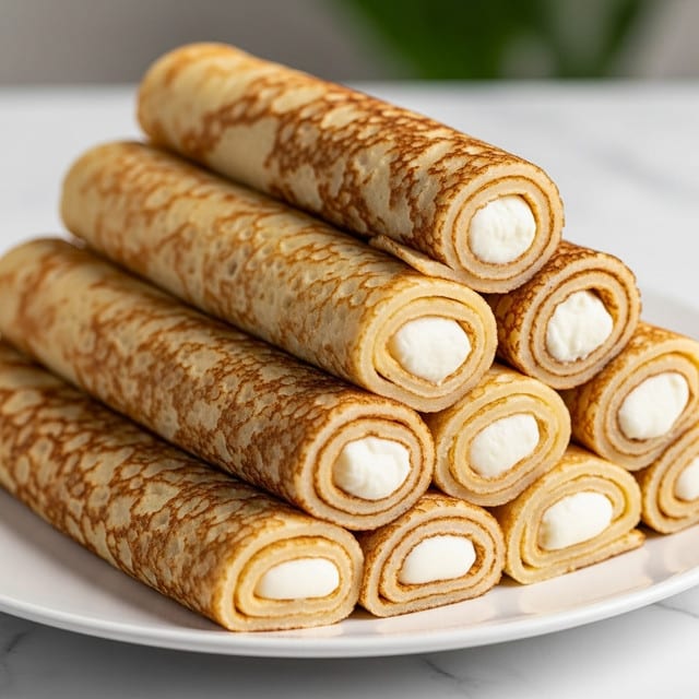 A close-up view of a stack of thin rolled crepes filled with white, creamy cheese, arranged neatly on a white plate. Each crepe has a golden-brown, lightly crisp surface with visible texture and slight browning spots. The rolls are tightly packed, showing the soft, smooth white cheese inside each end. The plate sits on a white marbled surface, and the background is softly blurred with a green tone. photo taken with an iphone --ar 4:5 --v 7