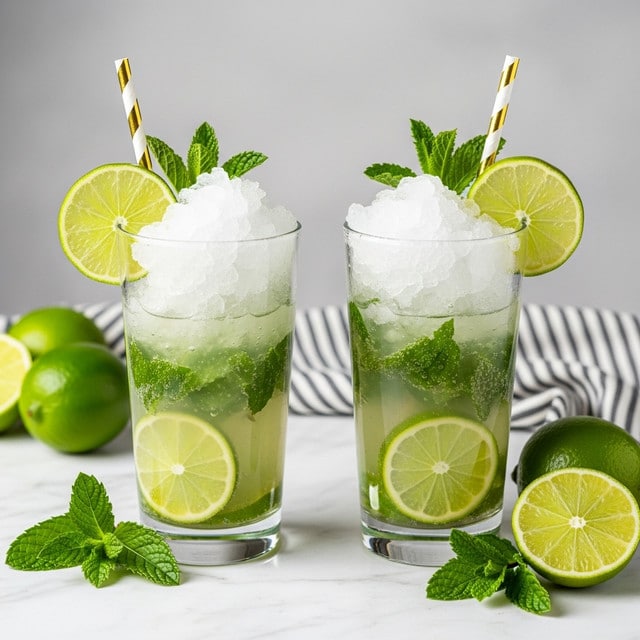 Two tall clear glasses filled with a layered fresh mojito drink sit on a white marbled surface. Each glass contains at the bottom bright green lime slices and dark green mint leaves, followed by clear liquid with light bubbles and ice cubes filling the upper half, topped with more crushed ice near the rim. A striped yellow and white paper straw stands upright in each glass. A thin lime wheel and sprig of fresh mint are placed on the rim of each glass. Around the glasses, there are loose bright green mint leaves and half a sliced lime showing its pale green inside. A striped gray and white cloth is softly placed in the background photo taken with an iphone --ar 4:5 --v 7