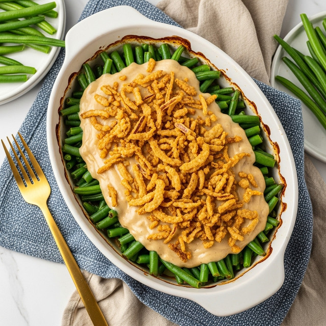 The image shows a white oval baking dish filled with green bean casserole. The base layer has bright green beans, coated with a creamy white sauce. On top, there is a generous layer of golden-brown crispy fried onions scattered unevenly, adding texture and crunch. The edges of the casserole dish show slight browning from baking. The dish rests on a white marbled surface with a crumpled white cloth and blue fabric underneath, and a gold fork is placed nearby. A plate of green beans is partially visible at the top left, and fresh green beans lie at the right side of the setup. Photo taken with an iphone --ar 4:5 --v 7