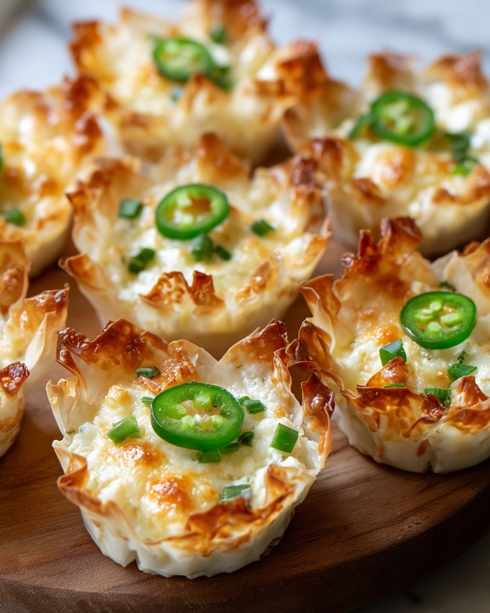 The image shows several small phyllo cups arranged closely on a wooden board with a white marbled texture underneath. Each cup has crispy, golden-brown, ruffled edges and is filled with a creamy, melted white cheese mixture. On top of the cheese filling, there are small pieces of green sliced jalapeño peppers and chopped green onions, adding a fresh pop of color. The cheese appears slightly browned in spots, giving a toasted look that contrasts nicely with the soft, creamy texture inside the thin, crispy shell. photo taken with an iphone --ar 4:5 --v 7