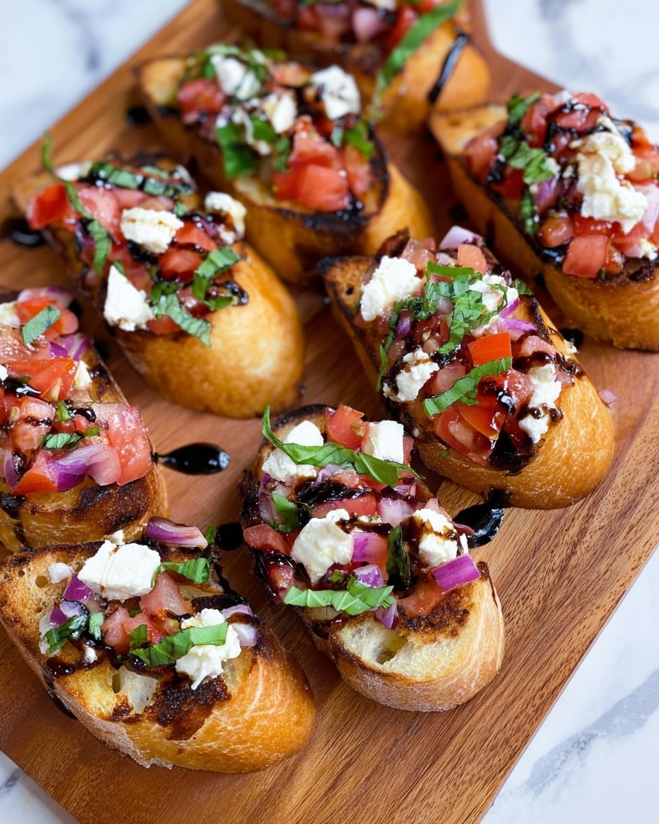 A white wooden board holds several pieces of toasted baguette bread, each slice topped with a colorful mix of diced red tomatoes, chopped purple onions, and fresh green basil leaves. Crumbled white cheese is scattered over the vegetables, and a rich dark balsamic glaze is drizzled on top in a decorative way. The bread is golden brown and crispy, providing a warm contrast to the fresh, cool toppings, all arranged on a white marbled surface. photo taken with an iphone --ar 4:5 --v 7