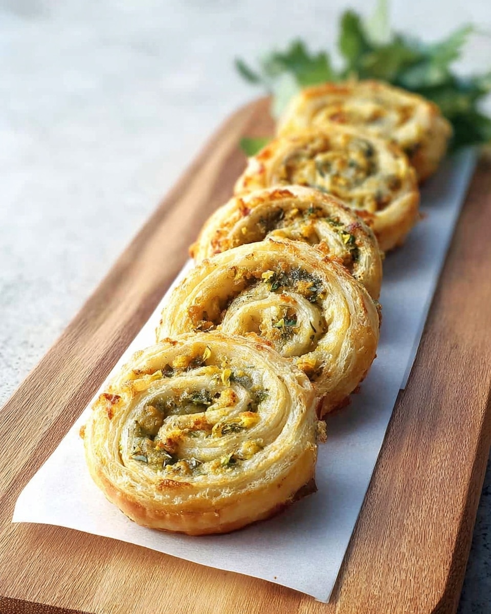 A close-up view of six golden-brown pastry pinwheels arranged in a neat row on a long, narrow white plate with edges softened by a thin piece of white paper underneath. Each pinwheel has a spiral shape with visible layers of flaky dough filled with green herbs and small bits of light yellow filling. At the far end of the plate, a small bunch of fresh green leaves adds a pop of color against the clean white marbled surface beneath, giving a fresh and simple look. photo taken with an iphone --ar 4:5 --v 7
