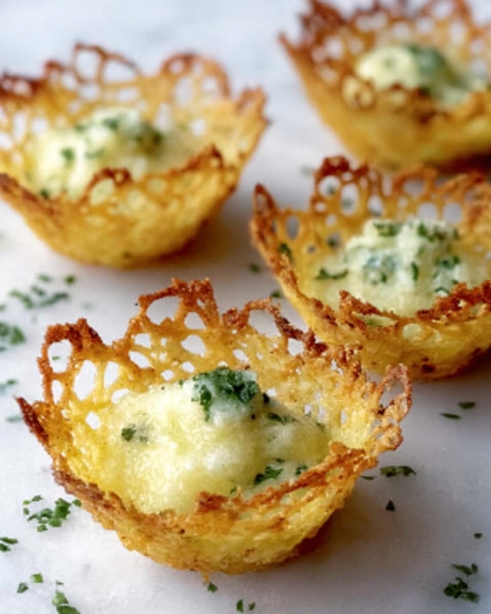 The image shows small, delicate, lace-like yellow cheese cups that look crispy and thin, each filled with a light green creamy mixture. The creamy filling has a smooth texture with tiny green herb pieces mixed in, topped with small finely chopped bits of dark green herbs and tiny red pieces, which add a colorful contrast. The cheese cups sit on a white marbled surface, and a woman's hand is gently holding one of the cups, showing its size and texture. The overall look is fresh, delicate, and appetizing. photo taken with an iphone --ar 4:5 --v 7