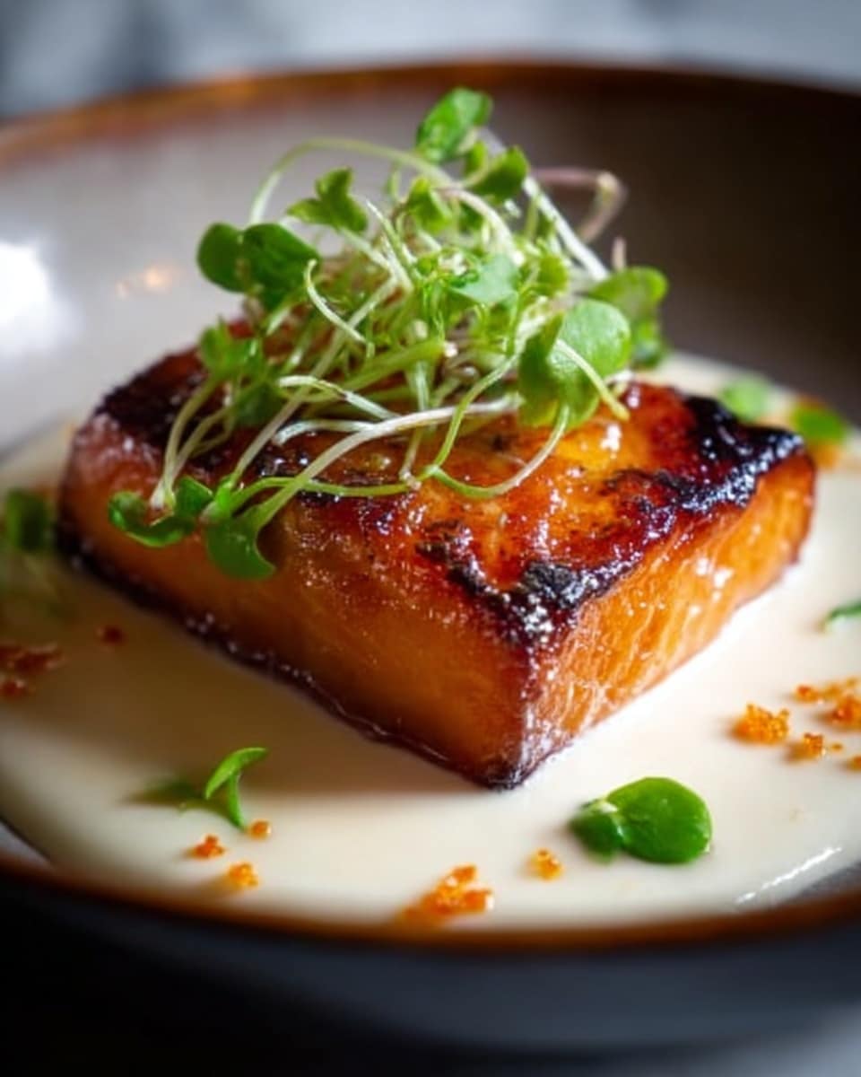 A square piece of glazed salmon with a shiny, caramelized top layer sits on a smooth white cream base in a shallow white bowl. The salmon's sides show a rich orange color, slightly darker near the edges. Small green microgreens are placed on top of the salmon, adding a fresh touch. A few green herb leaves and tiny orange droplets are scattered around the cream base, all placed on a white marbled surface. Photo taken with an iphone --ar 4:5 --v 7