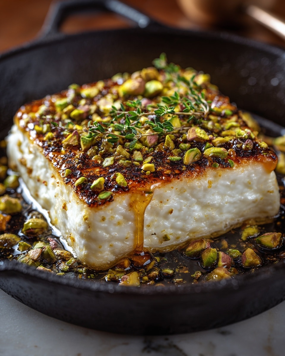 A thick square block of white cheese is grilled to a golden brown with a slightly crispy, caramelized top layer covered with chopped green and brown pistachios and small sprigs of fresh thyme placed on top. The cheese sits in a black cast iron skillet with a glistening layer of oil and scattered pistachio pieces around its base, resting on a white marbled texture. The cheese's texture looks soft and creamy inside with a droplet of honey or syrup slowly dripping down the side. photo taken with an iphone --ar 4:5 --v 7