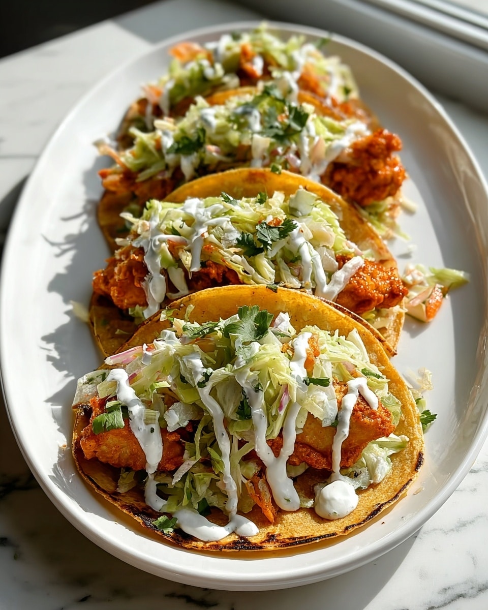 Three tacos lay side by side on a white plate, each made with a warm golden-brown tortilla as the base. On top of the tortillas are pieces of grilled chicken with a slightly charred texture, covered with a layer of fresh shredded green lettuce mixed with small bits of orange carrot. A drizzle of white creamy sauce is spread unevenly across the top, adding a smooth contrast to the crunchy vegetables and tender chicken below. Small green herb leaves are visible among the lettuce, adding a pop of color. The plate sits on a white marbled surface with soft natural light coming from a nearby window. photo taken with an iphone --ar 4:5 --v 7