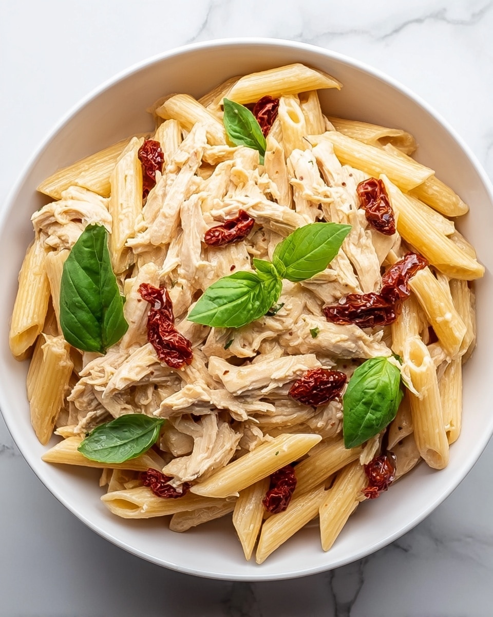 A white bowl filled with creamy penne pasta mixed with shredded chicken. The pasta is pale yellow and smooth, while the shredded chicken is light beige and tender, layered evenly throughout. On top, there are small bright red sun-dried tomato pieces scattered and fresh green basil leaves placed around for color contrast. The bowl sits on a white marbled surface, making the dish look fresh and inviting. photo taken with an iphone --ar 4:5 --v 7