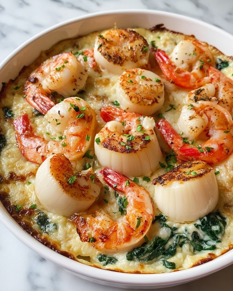A white bowl filled with a creamy, slightly browned baked dish consisting of a soft, textured base mixed with green herbs. On top, there are large, bright orange and white cooked shrimp arranged evenly around the bowl, each sprinkled with fresh green herbs. Alongside the shrimp, there are round, seared scallops with a pale beige color and grill marks, also garnished with chopped green herbs. The edges of the dish have a golden crust, contrasting with the creamy center, all set on a white marbled surface. photo taken with an iphone --ar 4:5 --v 7