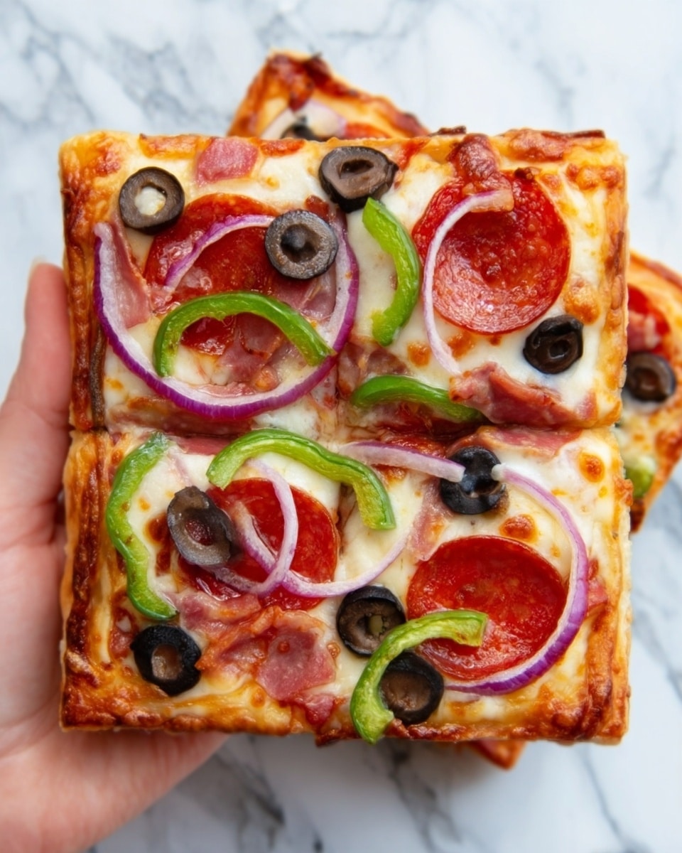 A square pizza slice is held by a woman's hand against a white marbled background. The pizza has a golden-brown crust with melted cheese covering the base layer. On top, there are round pepperoni slices placed evenly, strips of dark brown bacon, bright green bell pepper rings, and purple onion rings stacked in the center. Sliced black olives add small dark circles scattered around the toppings. The overall colors are warm and vibrant with a mix of textures from crispy bacon to soft cheese. Photo taken with an iphone --ar 4:5 --v 7