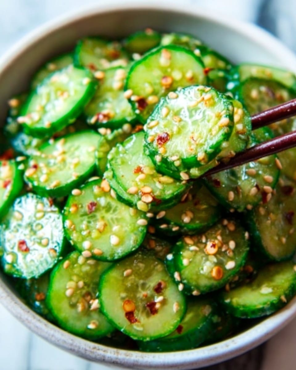 The image shows a white bowl filled with a fresh cucumber salad. The cucumbers are sliced into thin, round pieces with a bright green skin and pale green inside. On top, there are small bits of light brown sesame seeds and thin slices of green onions scattered all over. The cucumbers look shiny and slightly wet, showing they are lightly dressed. The bowl is placed on a white marbled surface. photo taken with an iphone --ar 4:5 --v 7