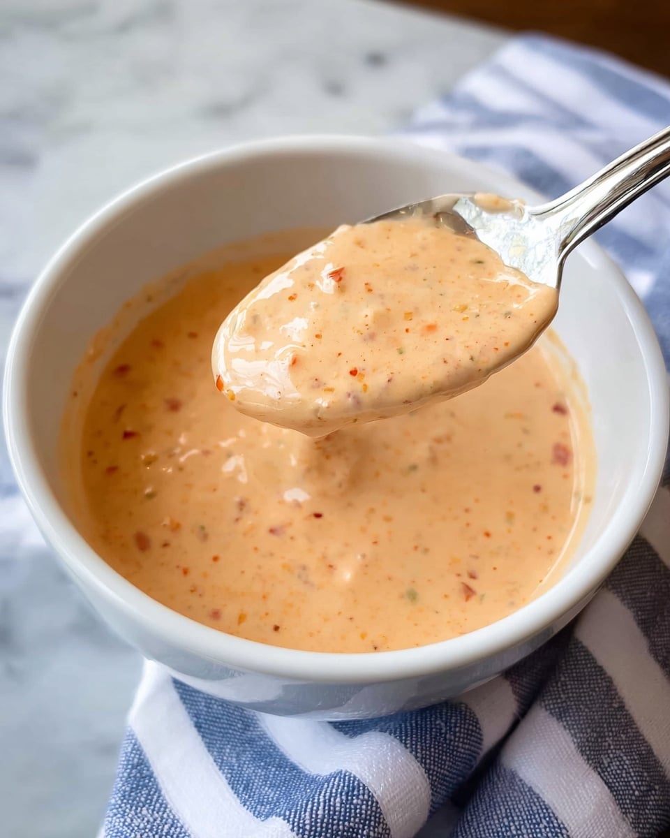 A close-up view of a creamy, light orange sauce with small red specks and a smooth texture shown inside a white bowl. A metal spoon lifts some sauce, capturing its thick and slightly chunky consistency. The bowl rests on a blue and white striped cloth on a white marbled surface. photo taken with an iphone --ar 4:5 --v 7