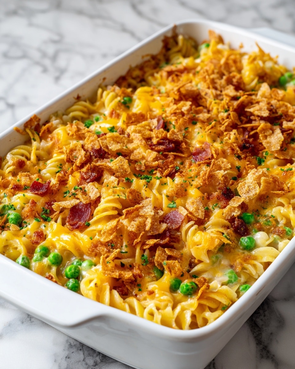 The image shows a white rectangular casserole dish filled with a baked pasta casserole. The top layer is golden yellow with melted cheese and scattered crunchy pieces, possibly crushed chips or crackers. Underneath the top, small green peas and bits of light-colored meat are visible, mixing with curly pasta. The casserole looks creamy with a mix of textures from soft pasta to crispy topping. The dish is set on a white marbled surface. Photo taken with an iphone --ar 4:5 --v 7